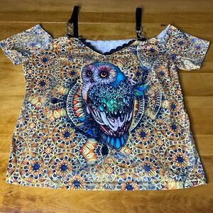 Unlabeled Bohemian Owl Mandala Cold Shoulder Cutout TShirt Top Women's SZ M Boho